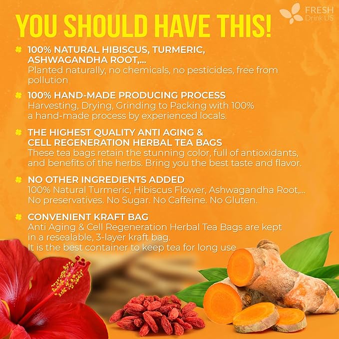 FreshDrinkUS, Premium Harmony Herbal Tea | 60 Tea bags | 100% Natural Turmeric, Hibiscus, Ashwagandha, Goji Berry, Reishi, Cinnamon & Orange Peel – Naturally Aromatic Caffeine-Free Tea