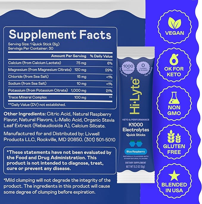 Hi-Lyte K1000 Blue Raspberry Electrolytes Powder Packets, 30 Servings - 1000mg Potassium + Magnesium, Sodium, Trace Minerals - 0 Carbs, 0 Sugar