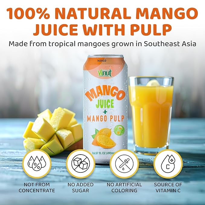 Vinut 100% Mango Juice with Pulp (16.57 fl oz, Pack of 6), No Sugar Added, All Nature Mango Juice, Not From Concentrate, Gluten Free, GMO-Free, High Calcium, Iron