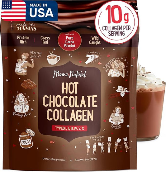 Mama Natural Hot Chocolate Multi Collagen Protein Powder, Made with Organic Cacao, Types 1, 2, 3, 4, 5, 10 Collagen Peptides Powder - Grass Fed Beef, Wild Fish Marine & USA Eggshell - 16 Servings