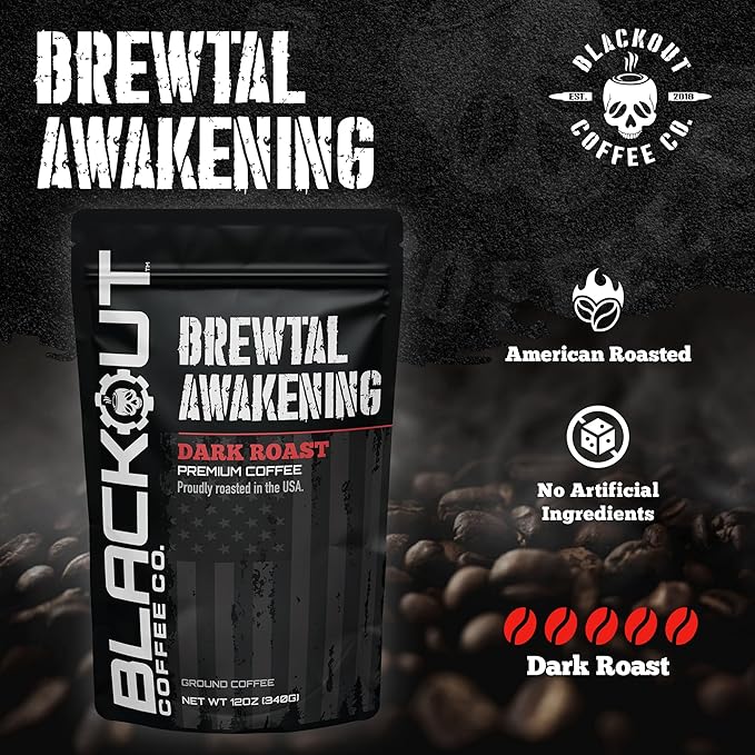 Blackout Coffee Brewtal Awakening Ground Coffee – Dark Roast, Bold Flavor – Freshly Roasted 12oz Bag