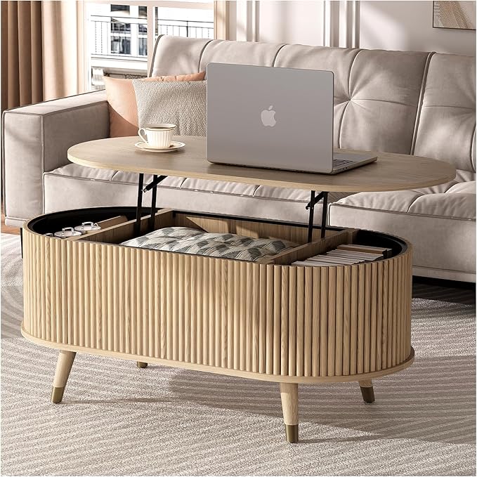 42.5" Oval Lift Top Coffee Table with Storage, Modern Oak Center Table with Fluted Design, Solid Wood Legs & Hidden Compartment, Pop Up Cocktail Table for Living Roomm