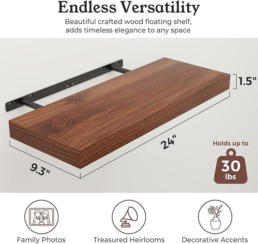 Floating Shelves for Wall, 9.3" Deep Wall Mounted Wood Shelves for Bathroom, Bedroom, Living Room, Kitchen, Hanging Shelf for Books/Storage/Room Decor (Walnut, 24")