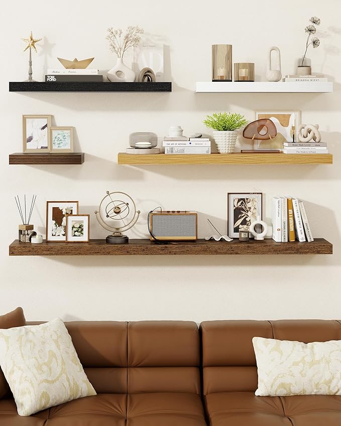 Marsmiles 36" Floating Shelves for Wall, Wooden Shelves with Invisible Brackets Set of 2, Rustic Farmhouse Wall Mounted Shelf for Kitchen Bathroom Living Room Study, Rustic Brown