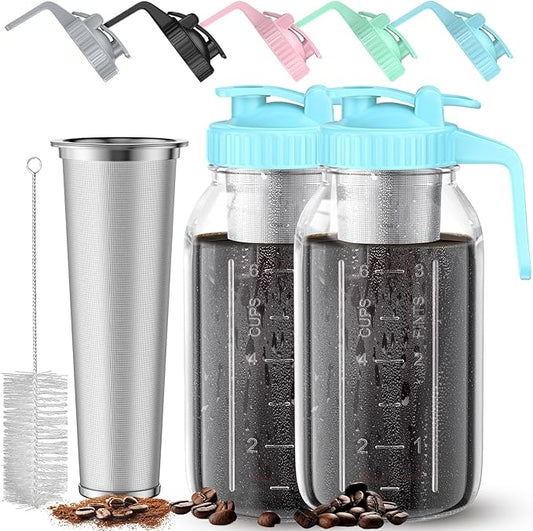 Cold Brew Coffee Maker Jar - 2 Pack 64 oz(2 Quart / 1.9 Liter) Glass Cold Brew Maker with Handle, Stainless Steel Filter&Leak-Proof Lid, Heavy Duty Cold Brew Pitcher for Iced Coffee, Sun Tea, and Milk