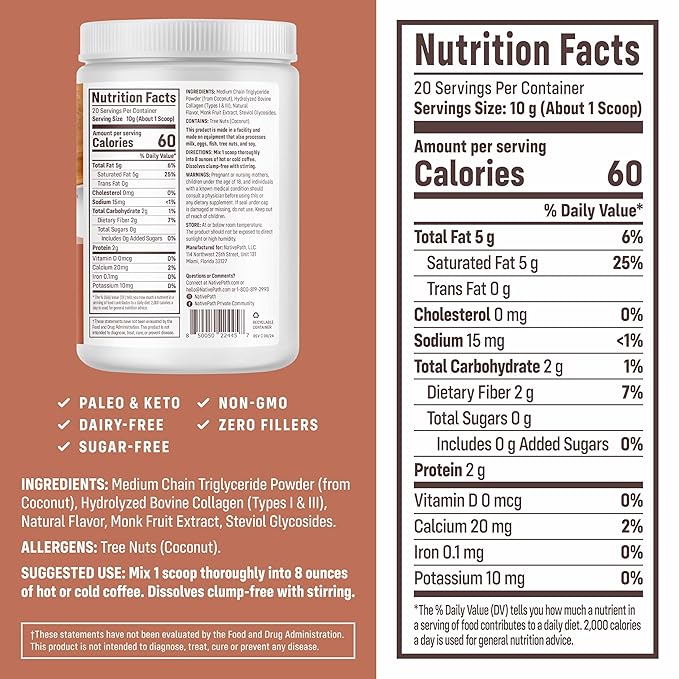 NativePath Vanilla Chai Keto Coffee Creamer, 30 Servings - MCT Oil & Collagen Protein, Sugar Free, Non-Dairy - Grass-Fed, Monk Fruit Sweetened (7.1 oz)