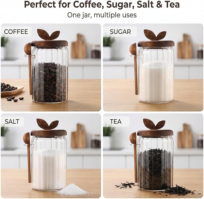 Glass Coffee Canister with Wooden Lid & Spoon, Airtight Food Storage Jar for Coffee, Sugar, Salt, Tea & Snacks (17floz x 2)