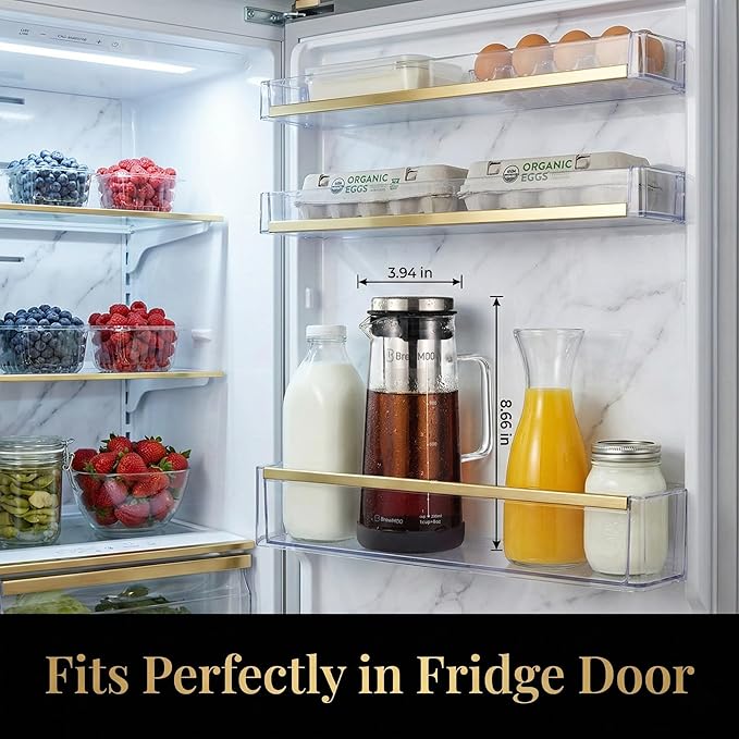 BrewMOO- Airtight Cold Brew Coffee Maker Pitcher, 1.0L/34Oz Thick Glass Carafe with Filter, Comfort Sturdy Handle & Wide Spout, Non-Slip Base | Iced Tea Maker (Black)