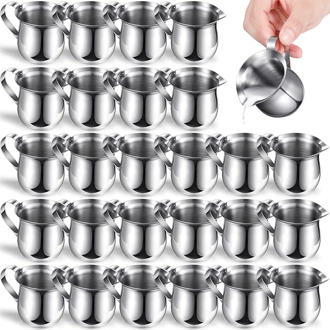 24 Pack Stainless Steel Bell Creamers 3 Ounce Creamer Pitcher Mini Coffee Milk Pitchers with Handle and Pouring Spout Cups for Serving Espresso, Tea, Milk, Maple Syrup, Sauce