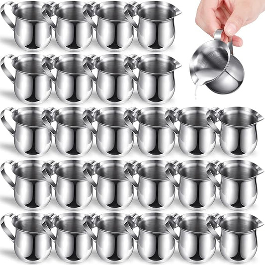 24 Pack Stainless Steel Bell Creamers 3 Ounce Creamer Pitcher Mini Coffee Milk Pitchers with Handle and Pouring Spout Cups for Serving Espresso, Tea, Milk, Maple Syrup, Sauce