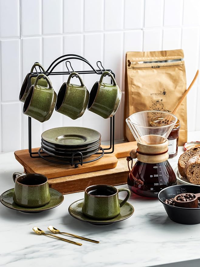 YHOSSEUN Ceramic Espresso Cups Set of 6, 4 Oz Expresso Shots Cup with Stand, Saucers & Spoons, Small Coffee Cup for Double Espresso, Mocha and Tea, Green