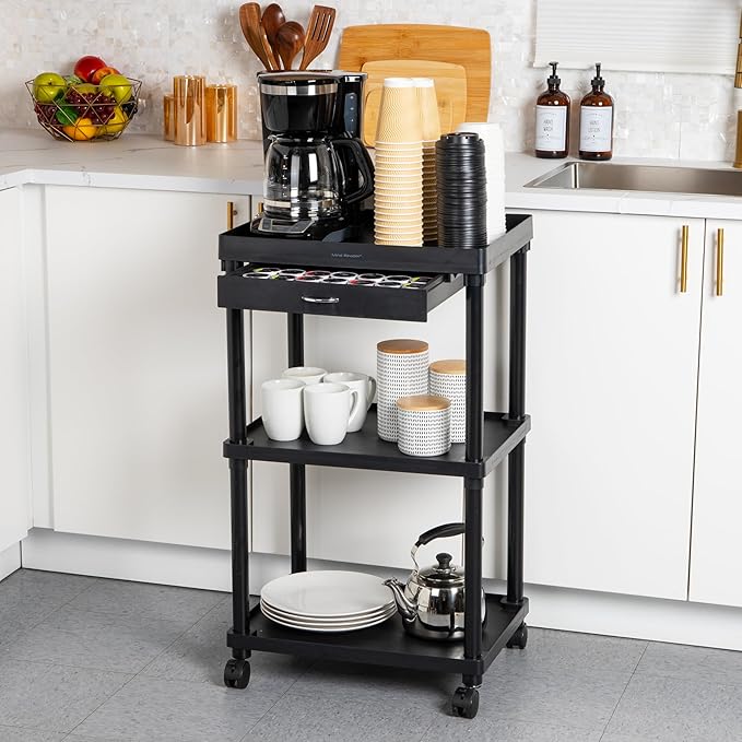 Mind Reader Bar Cart, Rolling, Utility Cart, 3-Tier, Coffee Cart, Bathroom, Kitchen, Plastic, 20"L x 15"W x 34.5"H, Black