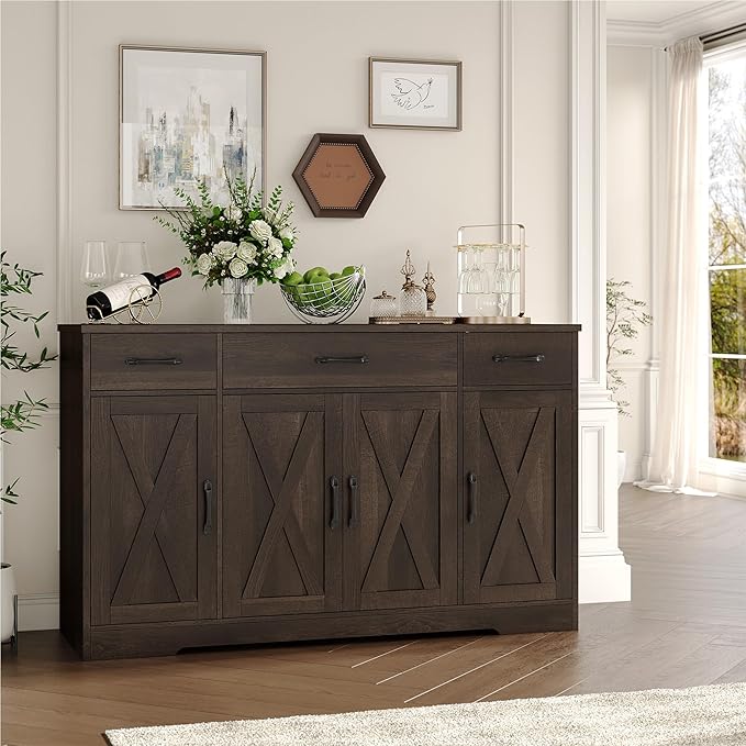 HOSTACK Buffet Cabinet with Drawers, 55" Large Sideboard Buffet Storage Cabinet with Shelves and Doors, Modern Farmhouse Coffee Bar Station Wood Kitchen Table for Kitchen, Dining Room, Dark Brown