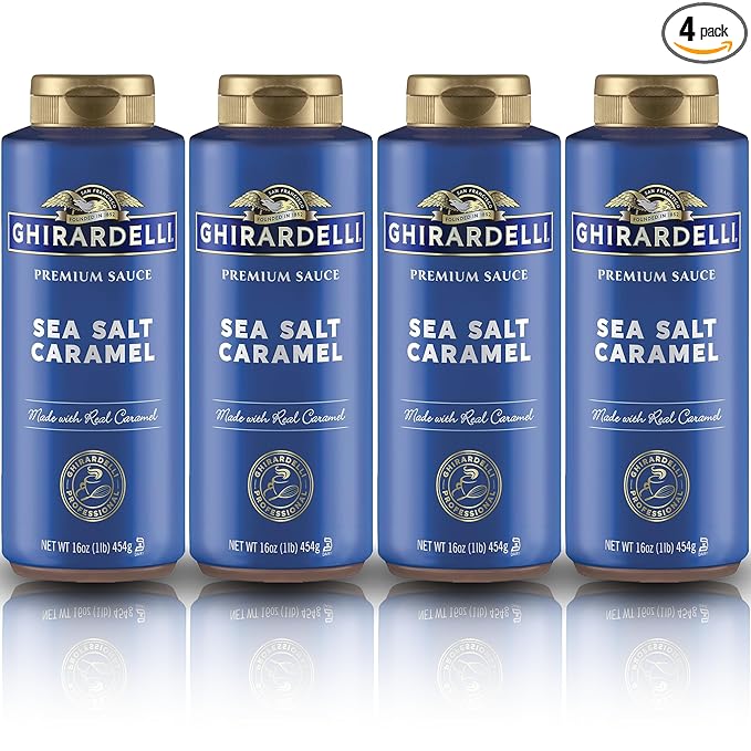 Ghirardelli Sea Salt Caramel Flavored Sauce Squeeze Bottles | 16 oz (Pack of 4) | Sweet and Salty Caramel Dessert Topping for Coffee, Ice Cream, and Baking