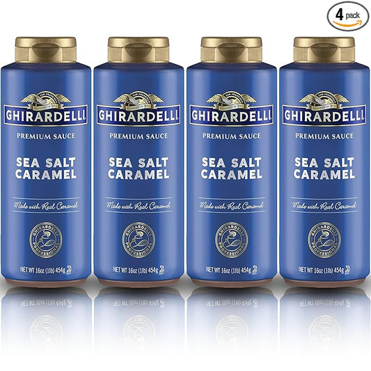 Ghirardelli Sea Salt Caramel Flavored Sauce Squeeze Bottles | 16 oz (Pack of 4) | Sweet and Salty Caramel Dessert Topping for Coffee, Ice Cream, and Baking