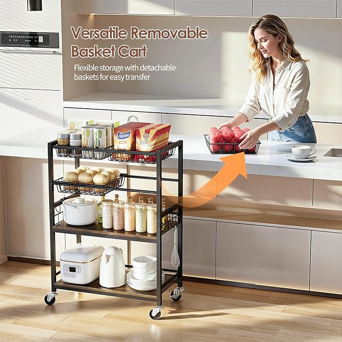 Fruit Vegetable Storage Cart, 4-Tier Rolling Kitchen Storage Cart, Fruit & Vegetables Basket Stand, Snack Organizer Shelf Unit for Kitchen, Bathroom, Living Room, Office, Balcony, Black