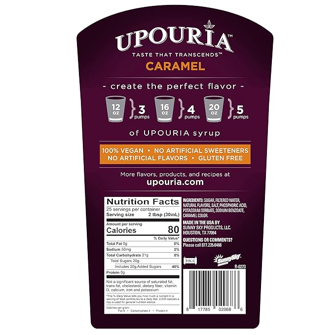 Upouria Caramel Coffee Syrup Flavoring, 100% Vegan, Gluten-Free, Kosher, 750ml bottle (Pack of 2) with Coffee Syrup Pump