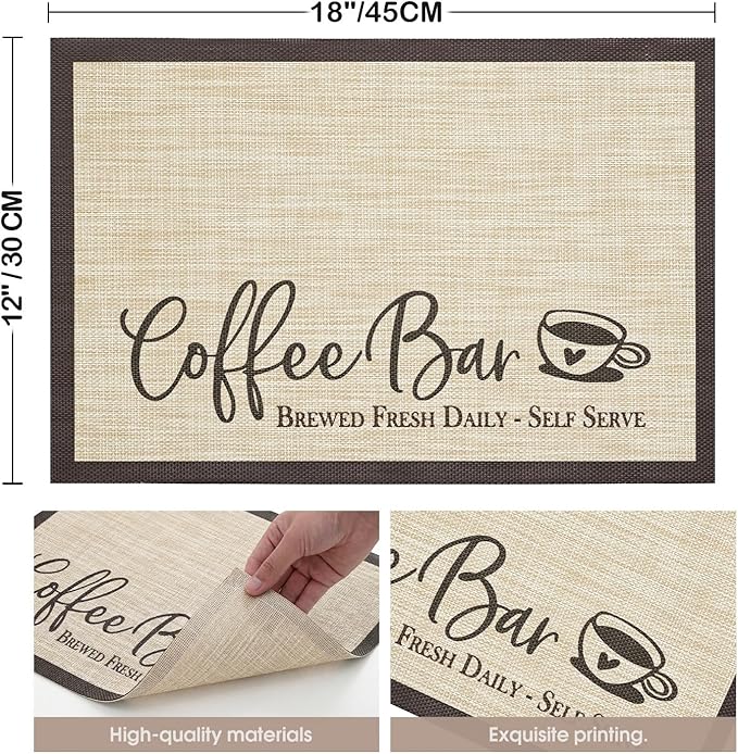 Artoid Mode Coffee Bar Mats Set of 2, 12x18 Inch Washable Non-Slip Plastic PVC Vinyl Table Mats for Coffee Machine, Countertops
