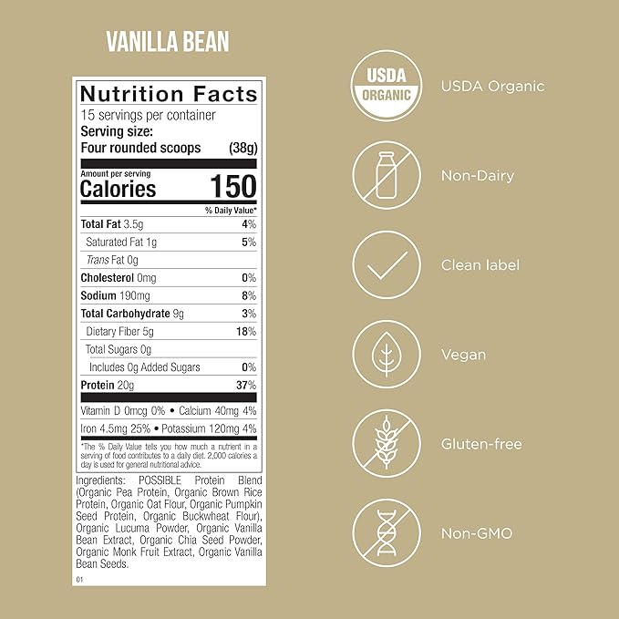 Protein Powder Vanilla Bean - 20g of Vegan, Plant-Based Protein Mix - Non-GMO, Non-Dairy, Gluten-Free - 3.5g of BCAAs - 9 Essential Amino Acids - 30-Day Supply - 2 Bag, 30 Servings