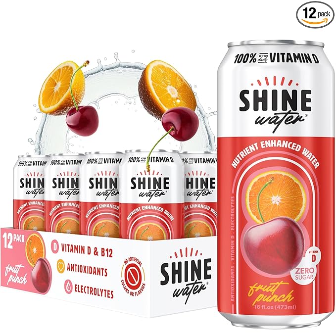 Shine Water Fruit Punch Vitamin D Electrolyte Drinks 12-Pack, Sugar Free Flavored Water with Magnesium, Zinc & Antioxidants, Low Calorie Hydration Beverage, Plant-Based Vitamin Water Zero Sugar