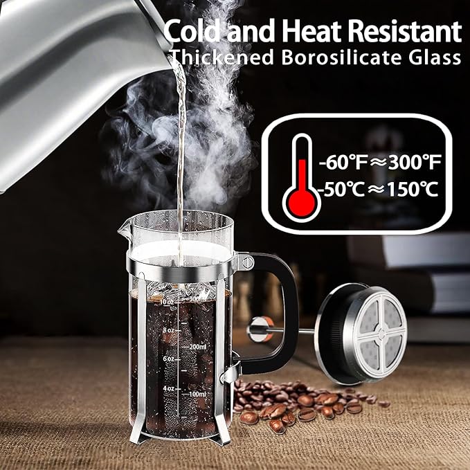 YMMIND French Press Coffee Maker 304 Stainless Steel Coffee Press,with 4 Filters System, Heat Resistant Thickness Borosilicate French Press Glass, BPA-Free Brewed Tea Pot Coffee Plunger(Copper 12oz)