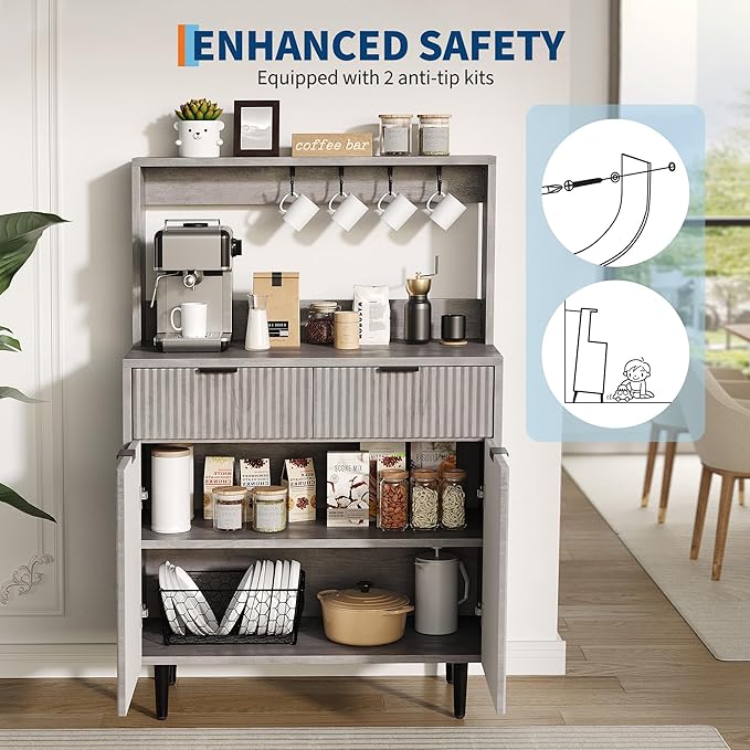 GarveeHome Fluted Sideboard Buffet Cabinet with Storage, Modern Coffee Bar Cabinet with Adjustable Shelves & 2 Drawers, Wood Buffet Console Table for Dining Room Living Room Kitchen Entryway, Grey