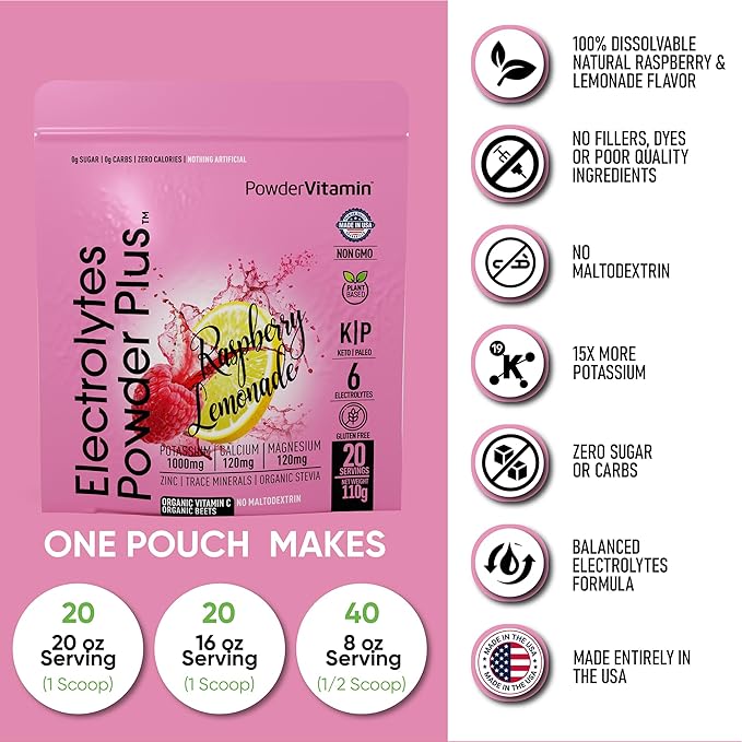 PowderVitamin Electrolytes Powder Plus (20 Servings) Raspberry Lemonade Electrolyte Powder Zero Calorie Keto,0 Sugar,No Maltodextrin,1000mg Potassium,120mg Calcium,120mg Magnesium, Pink Himalayan Salt