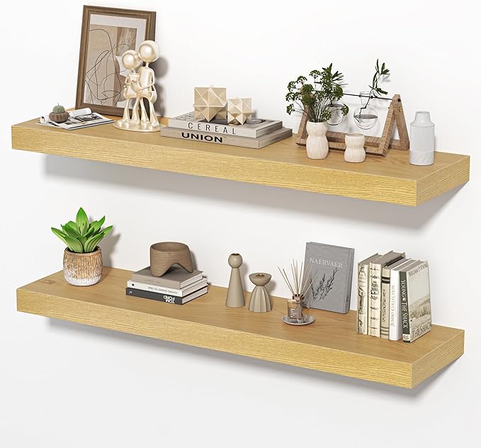 Floating Shelves for Wall, 36" W x 8" D x 1.5" H, Wooden Wall Mounted Display Shelves with Invisible Brackets for Living Room, Bedroom, Bathroom, Kitchen Decor and Storage, Set of 2, Oak
