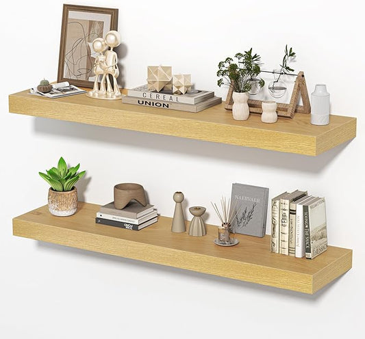 Floating Shelves for Wall, 36" W x 8" D x 1.5" H, Wooden Wall Mounted Display Shelves with Invisible Brackets for Living Room, Bedroom, Bathroom, Kitchen Decor and Storage, Set of 2, Oak