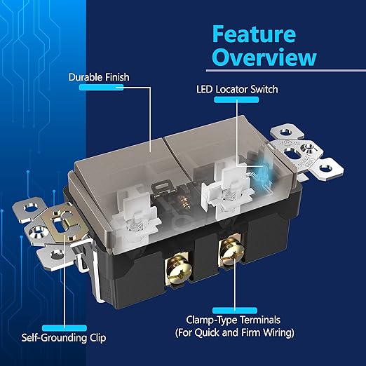 LIDER Minimalist Design Matte Finish Lighted Double Switch, Combination Frameless Decorator Switch with Locator Light, Ground Terminal, Single Pole, 15A 120-277V, UL Listed, LCS2-1P-NK, Nickel