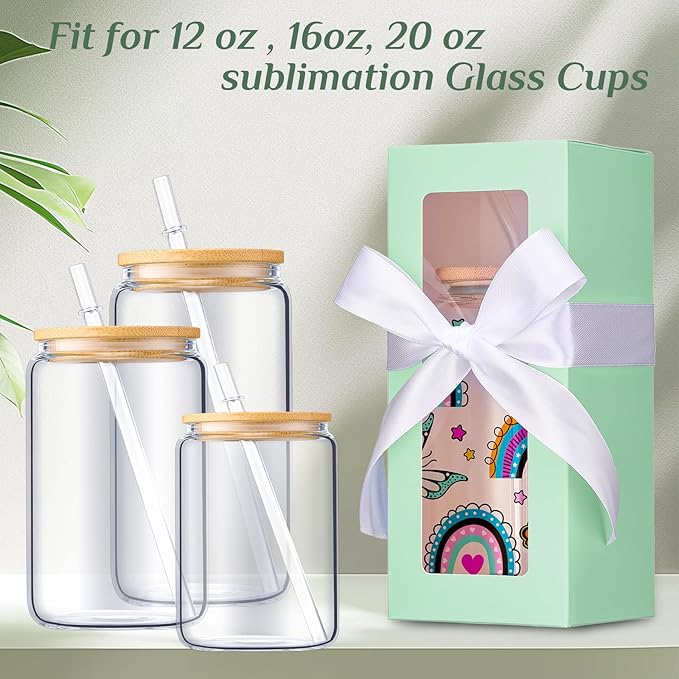 Honoson 24 Pcs Tumbler Gift Box with Ribbon for Sublimation Glass Exhibition Boxes Transparent for 12oz 16oz 20oz Drinking Cup Glasses Jars Mug Can Blanks(Mint Green)