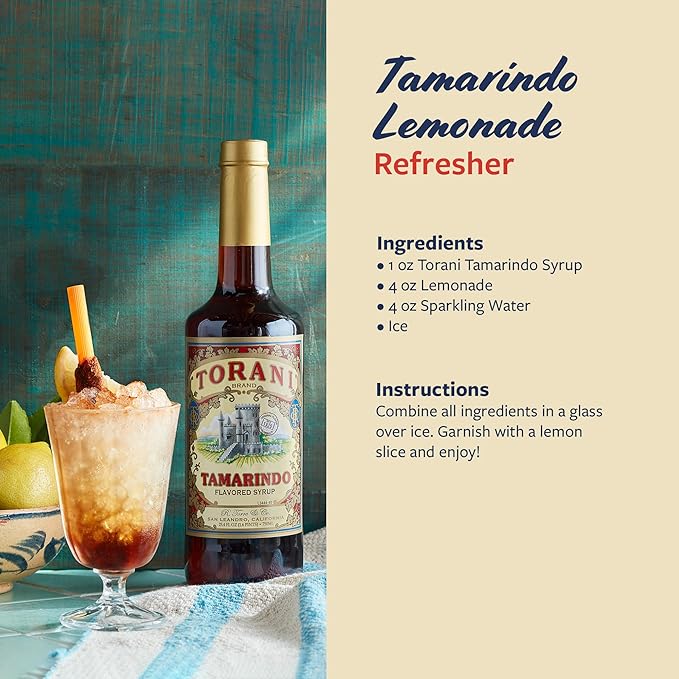 Torani Tamarindo Syrup, 100th Anniversary Flavor for Drinks, Glass Bottle with Pump Included, 25.4 Fl Oz
