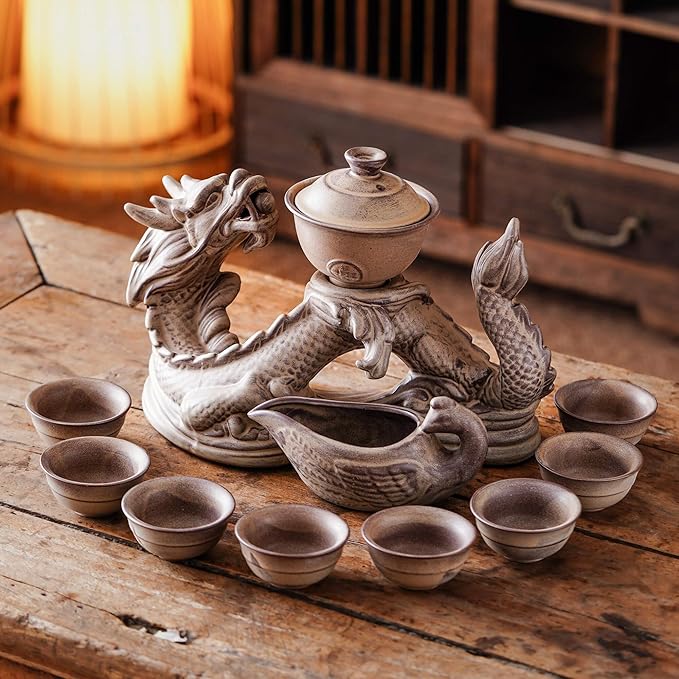 Ceramic Teapot with Infuser Semi Automatic Tea Set Magic Teapot with 8 cups Gradient Color (Retro Dragon- A)
