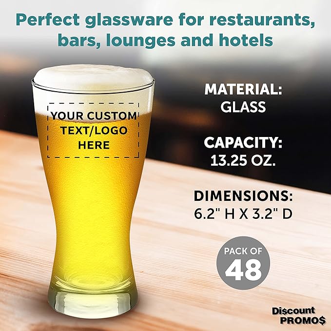 Custom Pilsner Glasses 13.25 oz. Set of 48, Personalized Bulk Pack - Made in the USA, Perfect for Hotels, Restaurants, Bars and Even Part Favors - Clear