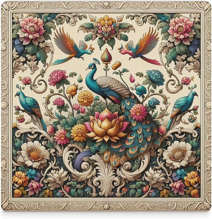 Square-4PCS Peacock Ceramic Coasters, Square Absorbent Drink Coasters, Beautiful Plant Colorful Floral Peacock Boho Art Ceramic Table Coasters for Coffee, Beverage, Wine, Beer Coasters
