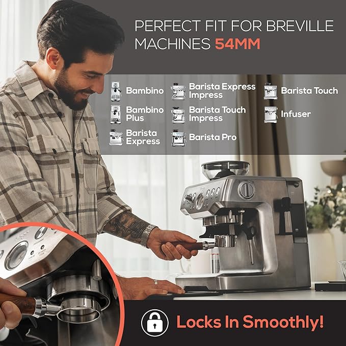54mm Bottomless Portafilter 18-21g Precision Basket with 950 Laser-Cut Holes for High Extraction Compatible for Breville Barista Express, Pro, Touch, Impress, Bambino, Bambino Plus and Infuser