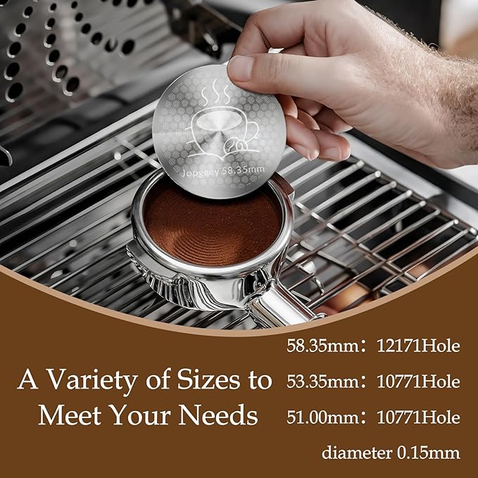 58.35mm Espresso Puck Screen with Stand, 0.9mm 150μm Ultra Thin Reusable Coffee Filter Compatible with Breville Barista 58.5mm Portafilter Basket, 304 Stainless Steel Espresso Machine Accessories