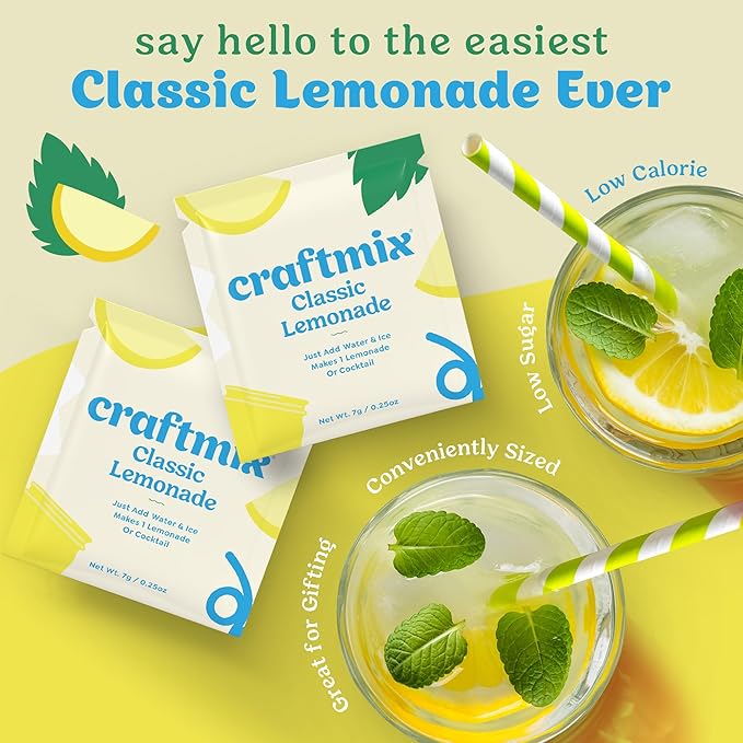 Craftmix Classic Lemonade Mix, 12 Packets, Easy Powder Drink with Real Fruit, Low-Sugar, Vegan, Low-Carb, Non-GMO, Dairy-Free, Gluten-Free, Flavored Water Enhancer, On-the-Go Water Flavoring Packets