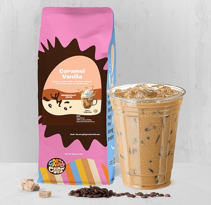 Crazy Cups Flavored Ground Coffee, Caramel Vanilla, in 10 oz Bag, For Brewing Flavored Hot or Iced Coffee