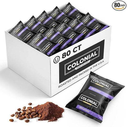 Colonial Coffee Packets, Pre Ground Coffee Packs, Colombian Medium Roast, 2.5 Ounce (Pack of 80)
