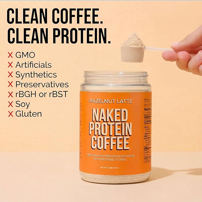 NAKED Hazelnut Latte Protein Coffee - Premium Colombian Iced Coffee Protein Shake Drink, Delicious Keto Friendly and Gluten Free, 17 Servings