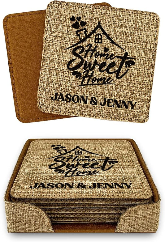 Smile Art Design Family Couple Names Custom Coaster Set of 6 with Base Square Burlap Material Family Name Home Sweet Home Print Personalized Gifts House Warming Wedding Gift Rustic Home Decor Style11