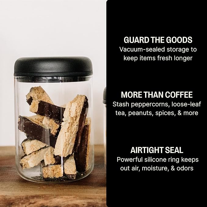 Fellow Atmos Vacuum Coffee Canister & Food Storage Container - 1.2 Liter Canister holds up to 16 oz of Coffee Beans - Airtight Food Storage Containers - Coffee Containers - 1.2 Liter - Clear Glass