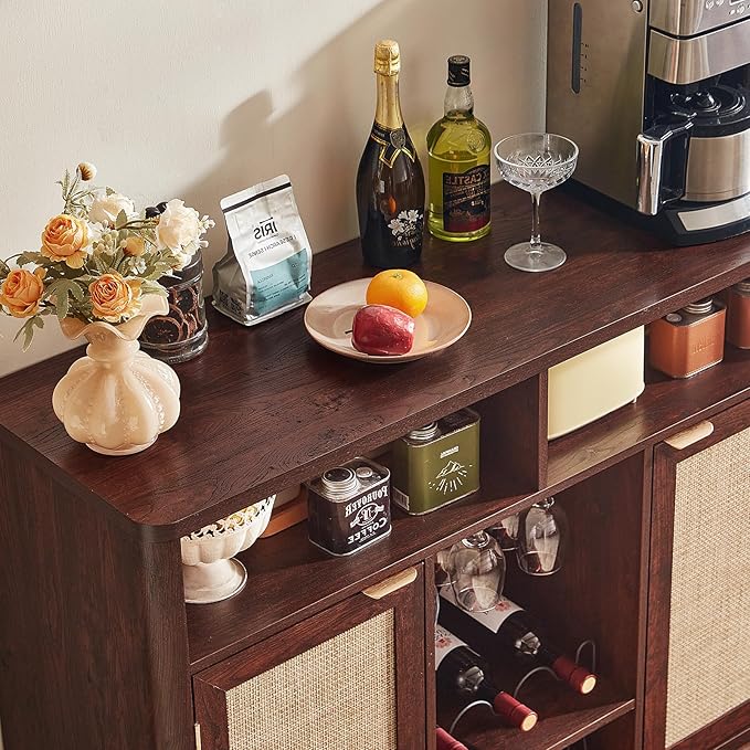 Lerliuo Rattan Wine Cabinet with 2 Doors, Boho Liquor Cabinet with Wine Racks, Farmhouse Coffee Bar Station for Living Room, Dining Room, Kitchen, Walnut
