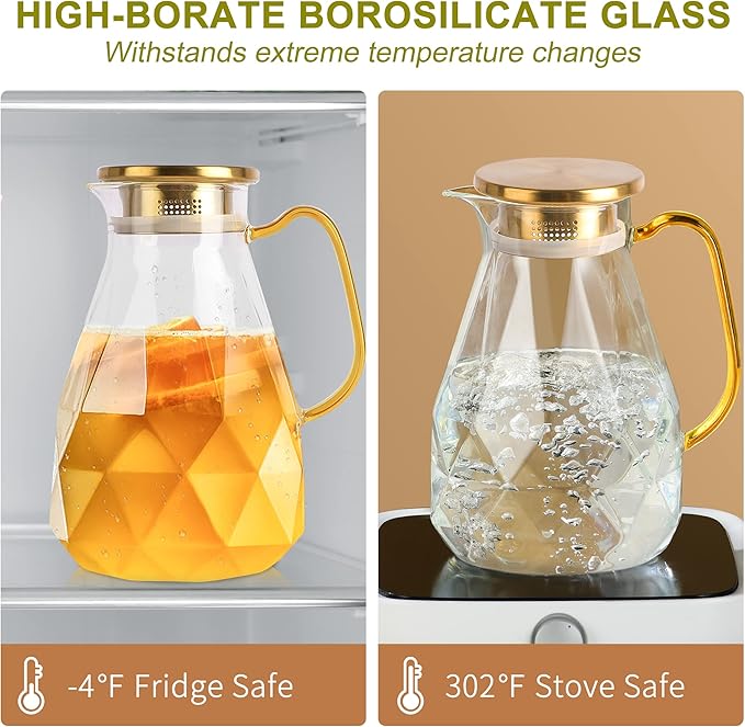 Yirilan Glass Pitcher, 2.2 Liter Water Pitcher With Lid,Iced Tea Pitcher for Fridge,Carafe With Lid, Glass Water Jug For Juice, Milk, Cold Or Hot Beverages, 2 Quart