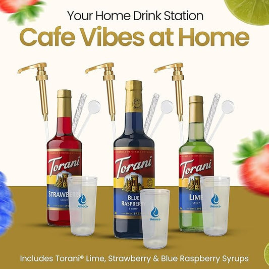Jimoco Barista Set – Torani Lime, Strawberry & Blue Raspberry Syrups (25.4 oz Each) with 3 Jimoco Syrup Pumps, Reusable Cups, Straws & Stirrers – Coffee, Italian Soda & Cocktail Flavoring Kit