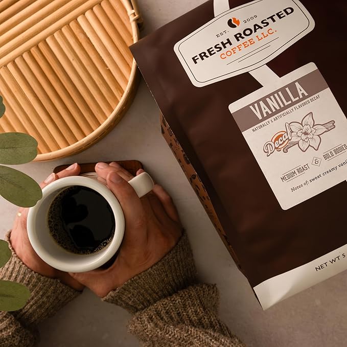 Fresh Roasted Coffee, Decaf French Vanilla Flavored Coffee, 5 lb (80 oz), Medium Roast, Kosher, Whole Bean