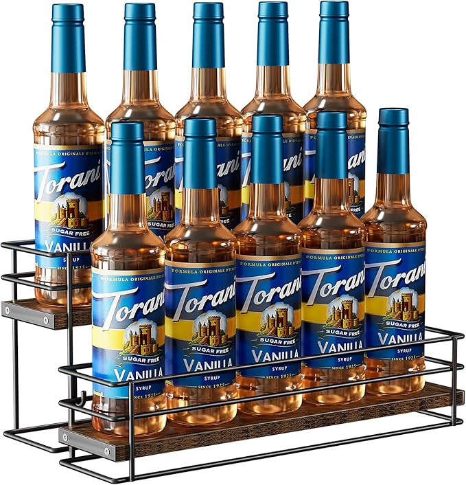 Nuovoware Coffee Syrup Organizer, 2-Tier 10 Bottles Bar Organizer, Separable Metal Rack with Wooden Base Whiskey Wine Dressing for Countertop Kitchen Coffee Bar, Black