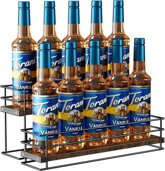 Nuovoware Coffee Syrup Organizer, 2-Tier 10 Bottles Bar Organizer, Separable Metal Rack with Wooden Base Whiskey Wine Dressing for Countertop Kitchen Coffee Bar, Black