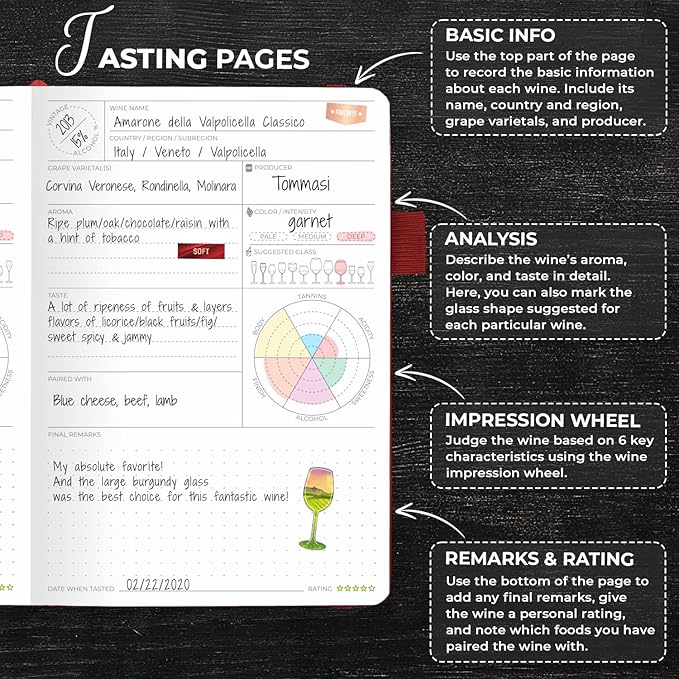 Clever Fox Wine Journal for Wine Tasting – Guided Wine Diary & Log Book with Tasting Instructions, Aroma Wheel, Food Pairing & Glass Guide – 132 Entries, Hardcover, A5 Size (Burgundy)